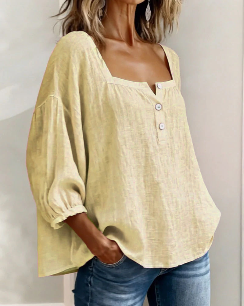 Grace | Square Neck Cotton Linen Blouse
