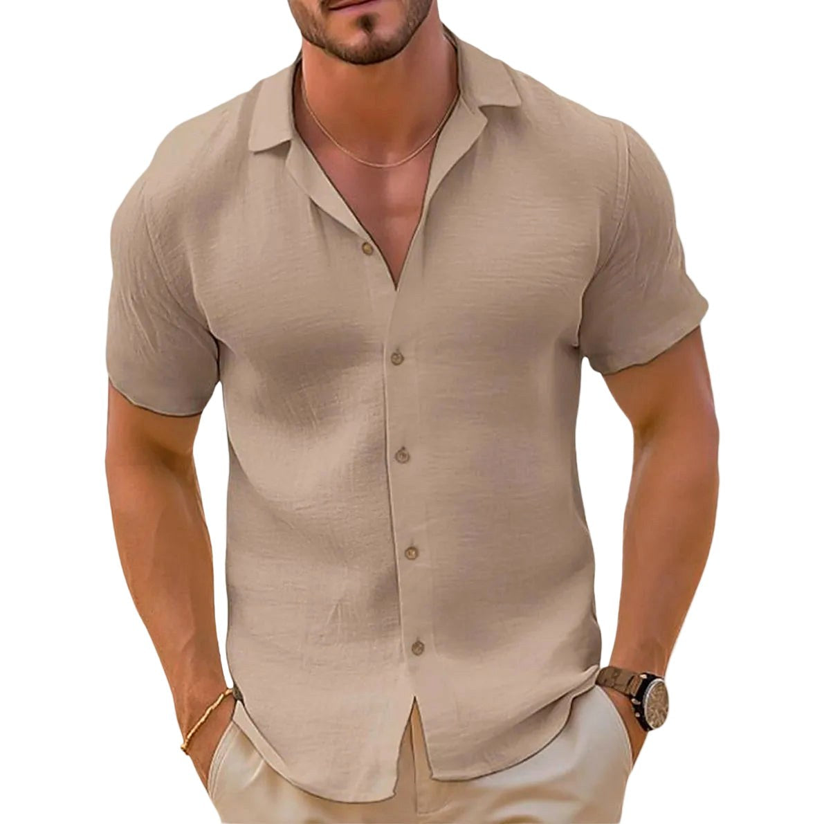 Bailey | Men's Linen-Blend Woven Shirt, Short-Sleeve Button Shirt | The Shrader Sisters | Khaki