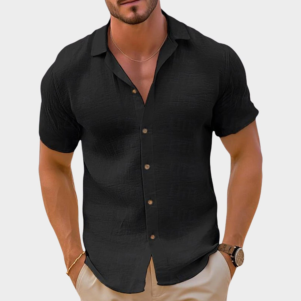 Bailey | Men's Linen-Blend Woven Shirt, Short-Sleeve Button Shirt | The Shrader Sisters | Black