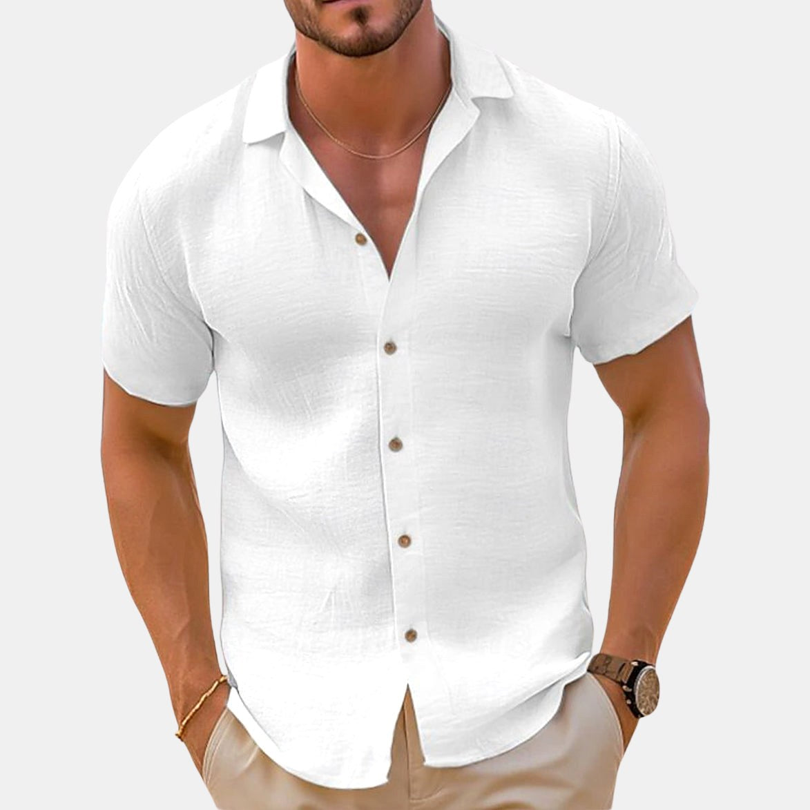 Bailey | Men's Linen-Blend Woven Shirt, Short-Sleeve Button Shirt | The Shrader Sisters | White