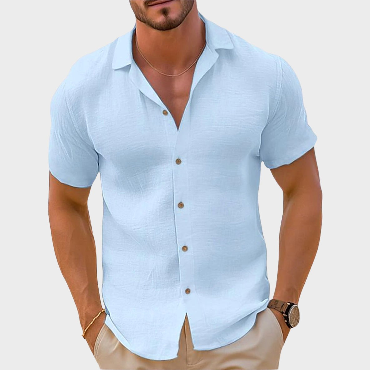 Bailey | Men's Linen-Blend Woven Shirt, Short-Sleeve Button Shirt | The Shrader Sisters | Blue