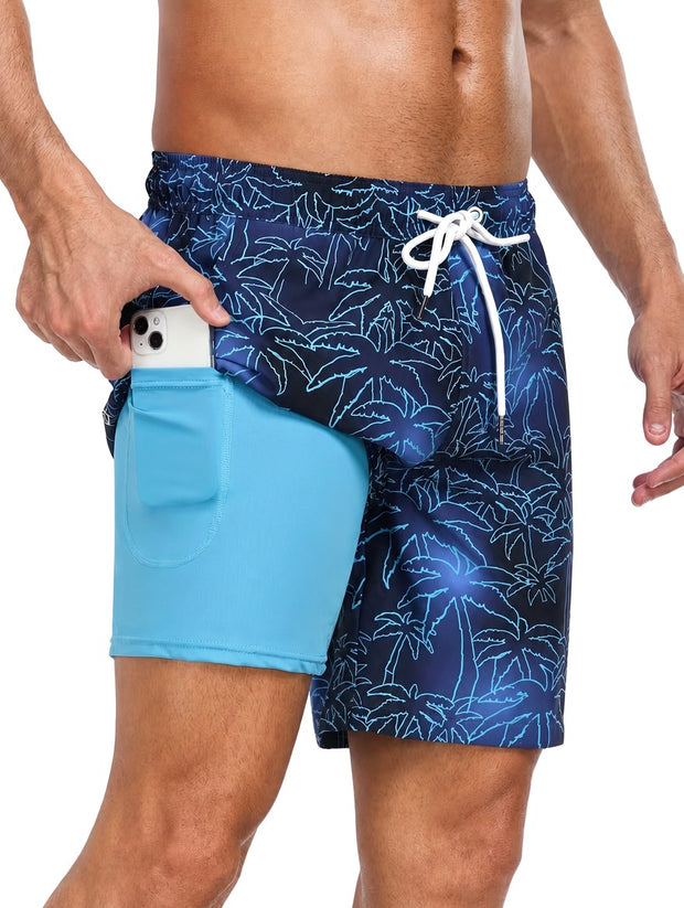 Bailey | Men's Tropical Print Swim Shorts, Drawstring Mid-Thigh Shorts | The Shrader Sisters | Sea palm