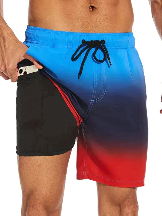 Bailey | Men's Tropical Print Swim Shorts, Drawstring Mid-Thigh Shorts | The Shrader Sisters | Sunset Glow