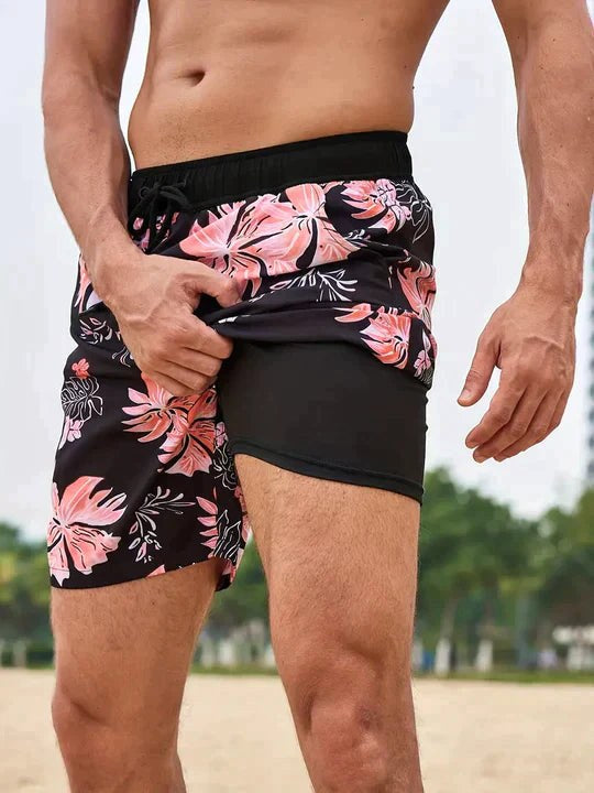 Bailey | Men's Tropical Print Swim Shorts, Drawstring Mid-Thigh Shorts | The Shrader Sisters | Black orange tide