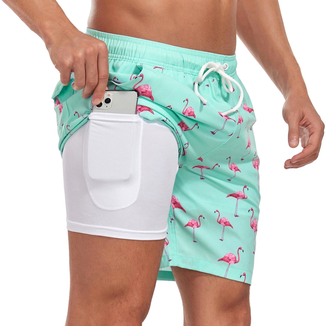 Bailey | Men's Tropical Print Swim Shorts, Drawstring Mid-Thigh Shorts | The Shrader Sisters | Like Flamingo