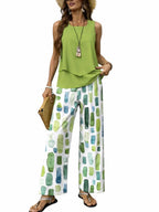 Bec | Women's Sleeveless Fluid Two-Piece Set, Wide-Leg Printed Lounge Set | The Shrader Sisters | Geelgroen