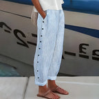 Bianca | Women's Lightweight Stripe Trousers, Relaxed Elastic Waist Trousers | The Shrader Sisters | Blue