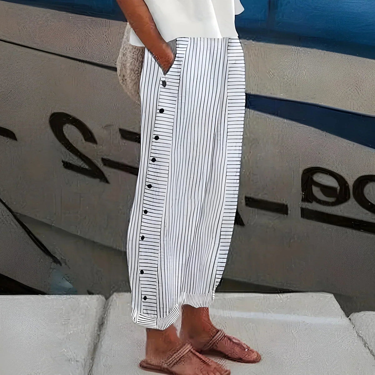 Bianca | Women's Lightweight Stripe Trousers, Relaxed Elastic Waist Trousers | The Shrader Sisters | Gray