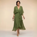 Brianna | Women's Midi Dress with V-Neckline and Adjustable Waist, Flowing Midi Dress | The Shrader Sisters | Verde