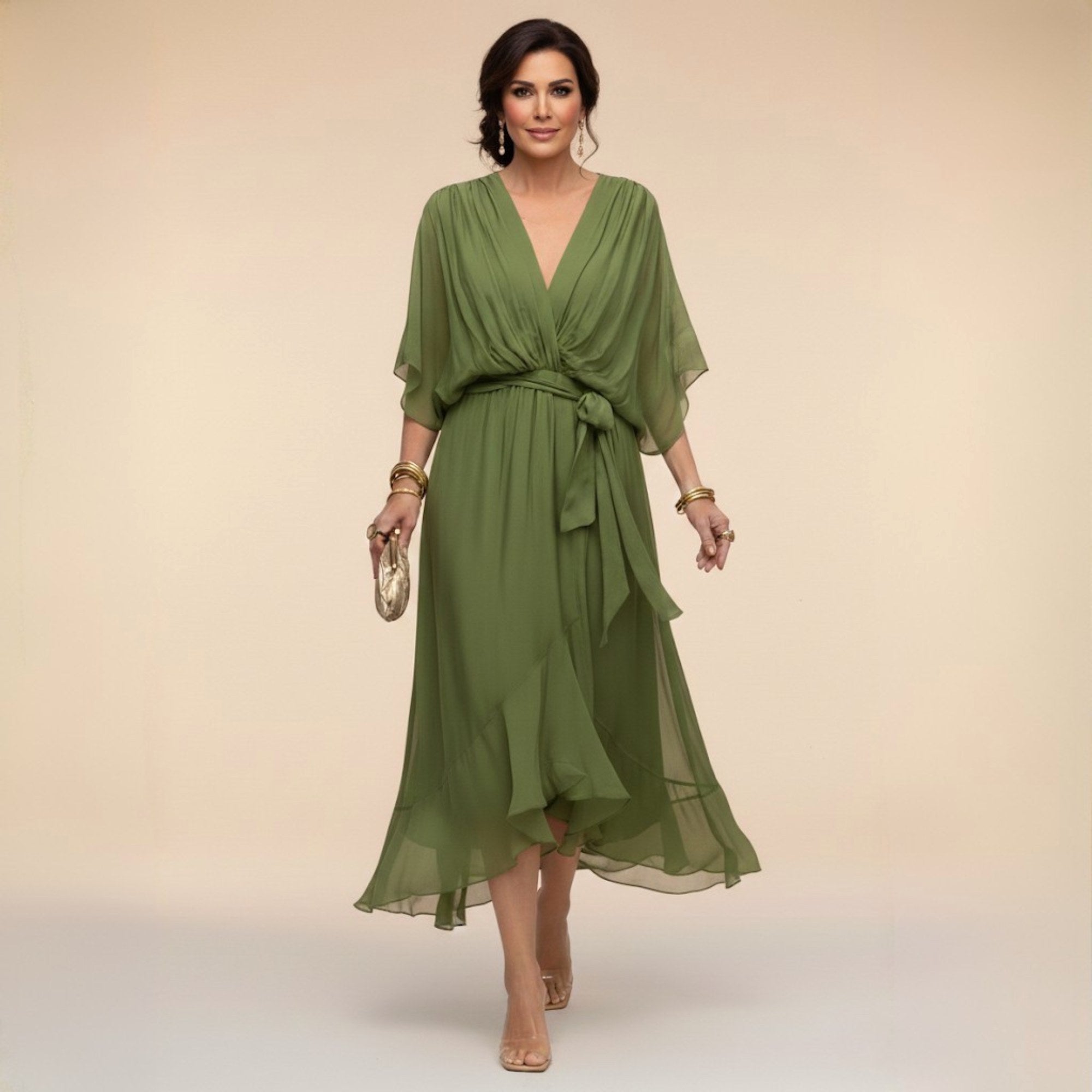 Brianna | Women's Midi Dress with V-Neckline and Adjustable Waist, Flowing Midi Dress | The Shrader Sisters | Verde