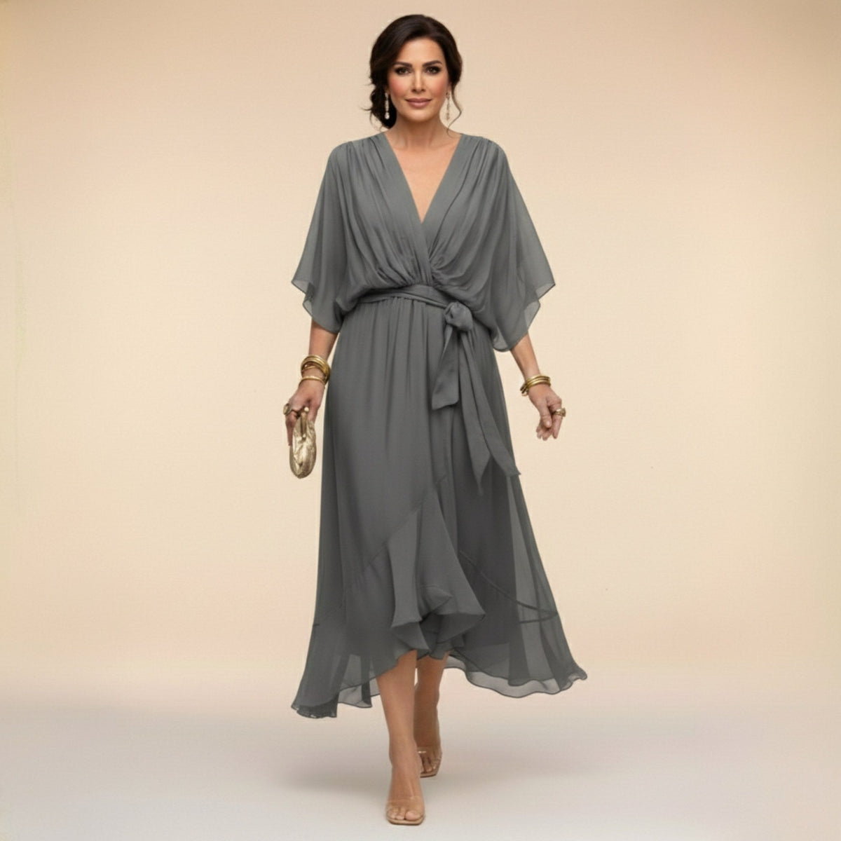 Brianna | Women's Midi Dress with V-Neckline and Adjustable Waist, Flowing Midi Dress | The Shrader Sisters