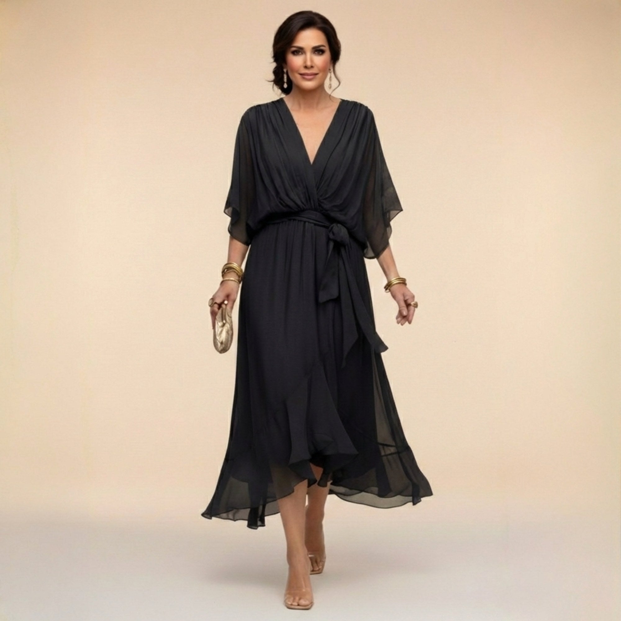 Brianna | Women's Midi Dress with V-Neckline and Adjustable Waist, Flowing Midi Dress | The Shrader Sisters | Negro