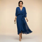 Brianna | Women's Midi Dress with V-Neckline and Adjustable Waist, Flowing Midi Dress | The Shrader Sisters | Azul