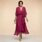 Brianna | Women's Midi Dress with V-Neckline and Adjustable Waist, Flowing Midi Dress | The Shrader Sisters | Púrpura oscuro