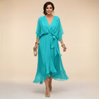Brianna | Women's Midi Dress with V-Neckline and Adjustable Waist, Flowing Midi Dress | The Shrader Sisters | Azul marino