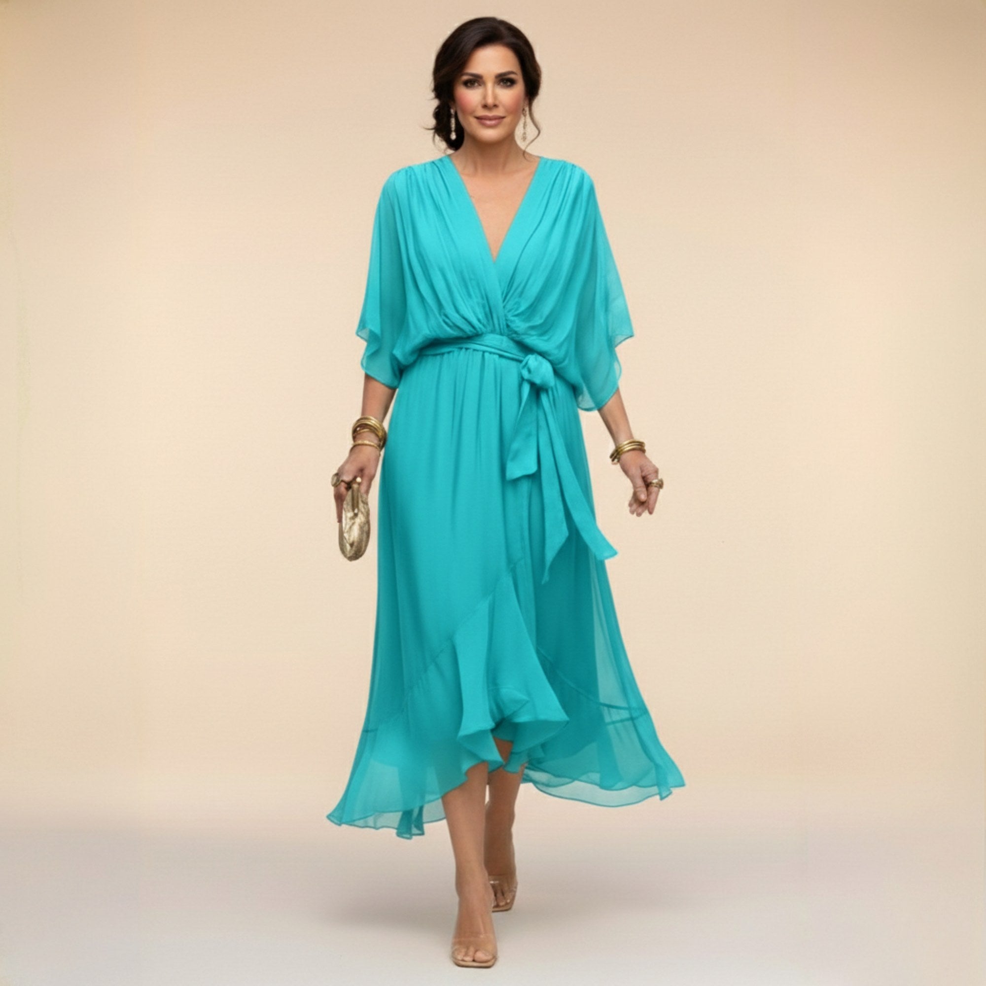 Brianna | Women's Midi Dress with V-Neckline and Adjustable Waist, Flowing Midi Dress | The Shrader Sisters | Azul marino