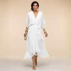 Brianna | Women's Midi Dress with V-Neckline and Adjustable Waist, Flowing Midi Dress | The Shrader Sisters | Gris