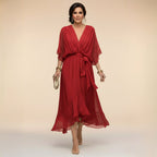 Brianna | Women's Midi Dress with V-Neckline and Adjustable Waist, Flowing Midi Dress | The Shrader Sisters | Blanco
