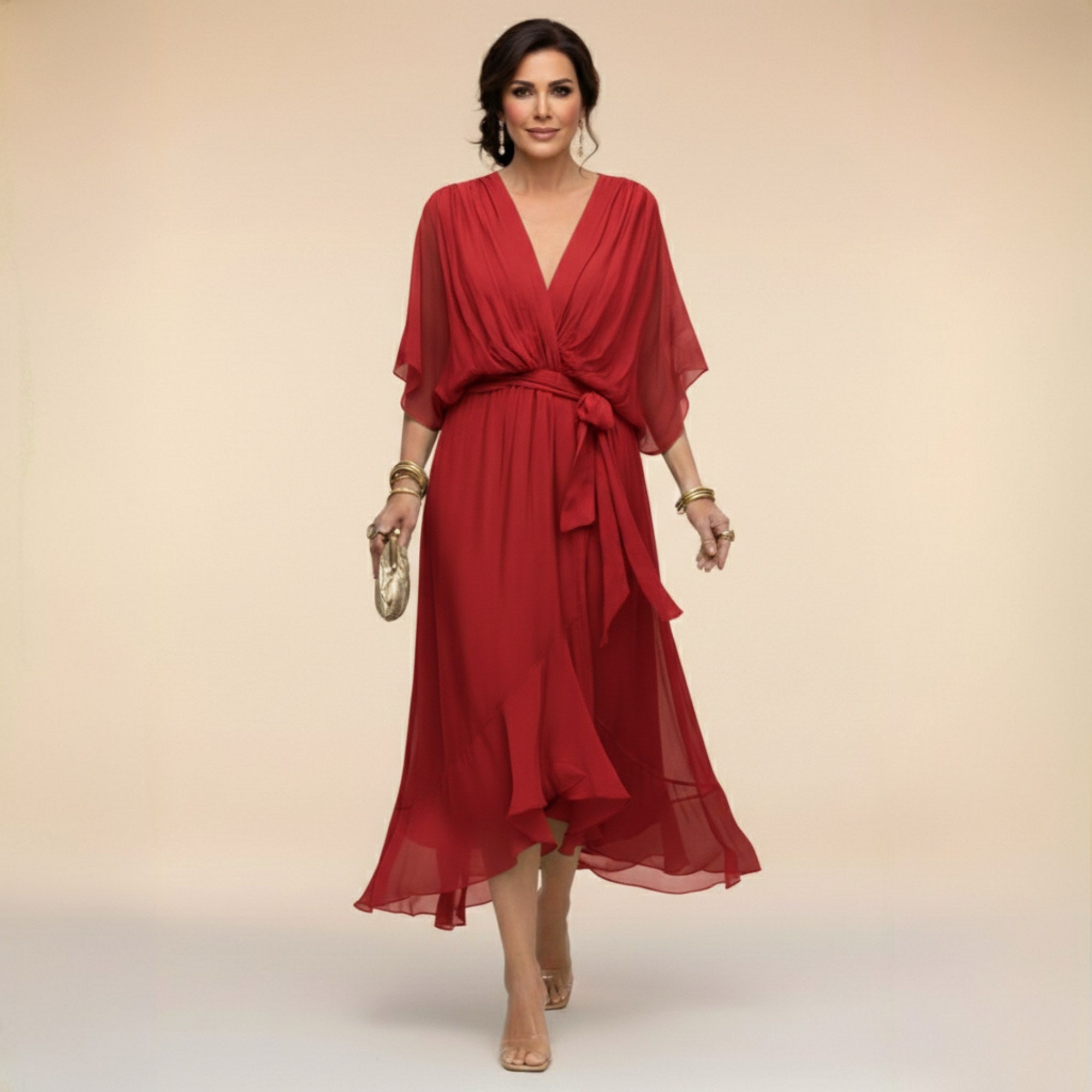 Brianna | Women's Midi Dress with V-Neckline and Adjustable Waist, Flowing Midi Dress | The Shrader Sisters | Blanco