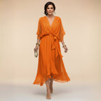 Brianna | Women's Midi Dress with V-Neckline and Adjustable Waist, Flowing Midi Dress | The Shrader Sisters | Púrpura