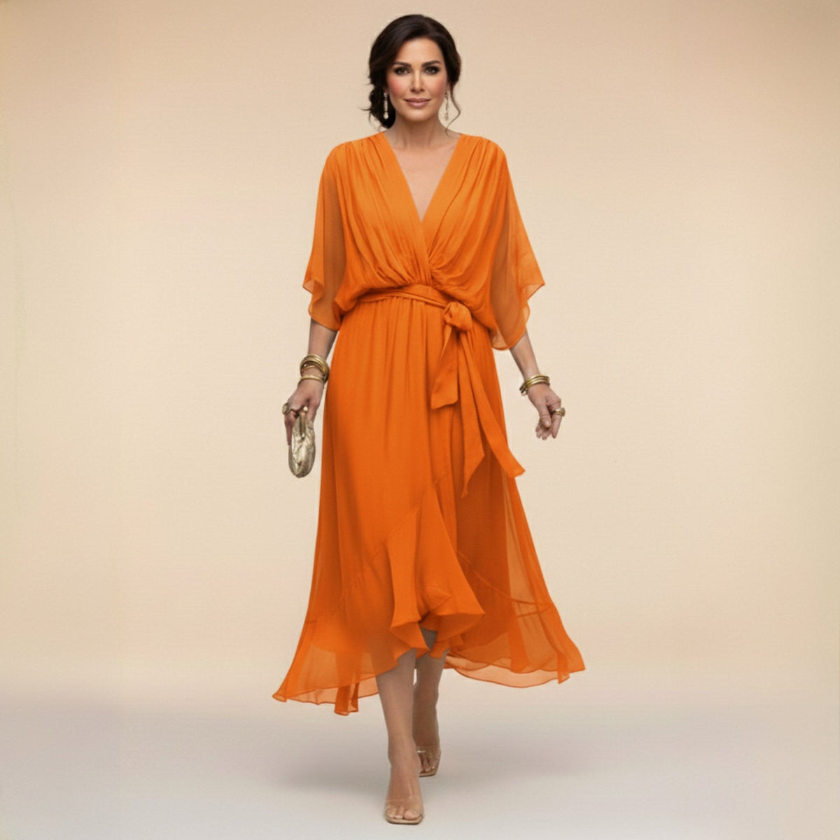 Brianna | Women's Midi Dress with V-Neckline and Adjustable Waist, Flowing Midi Dress | The Shrader Sisters | Púrpura