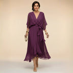 Brianna | Women's Midi Dress with V-Neckline and Adjustable Waist, Flowing Midi Dress | The Shrader Sisters | Rojo