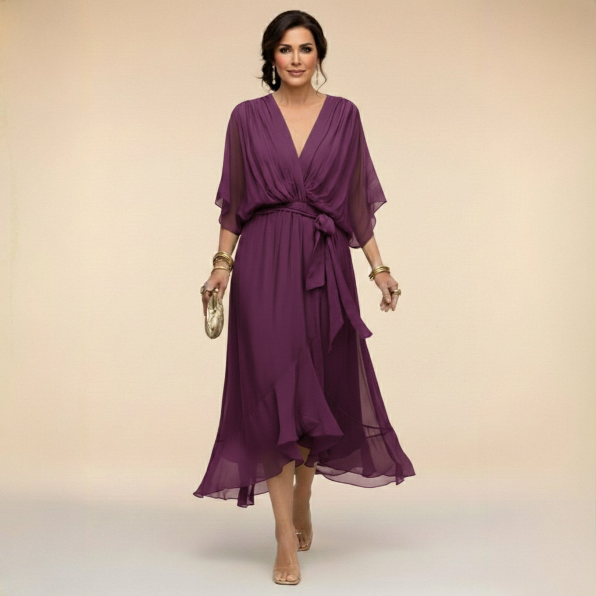 Brianna | Women's Midi Dress with V-Neckline and Adjustable Waist, Flowing Midi Dress | The Shrader Sisters | Rojo