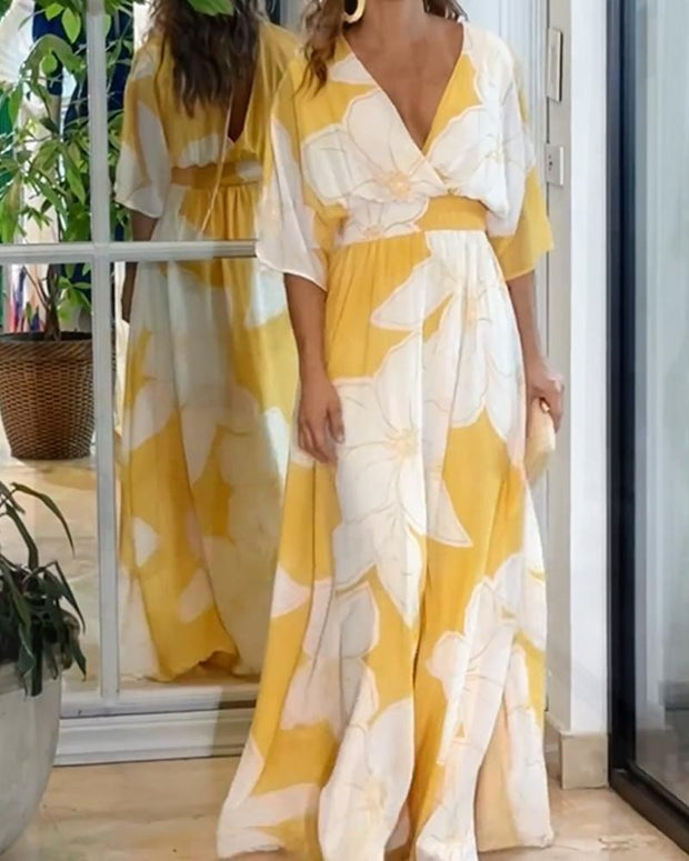 Brielle | Women's Floral Midi Dress, Vibrant Print Midi Dress | The Shrader Sisters | Yellow