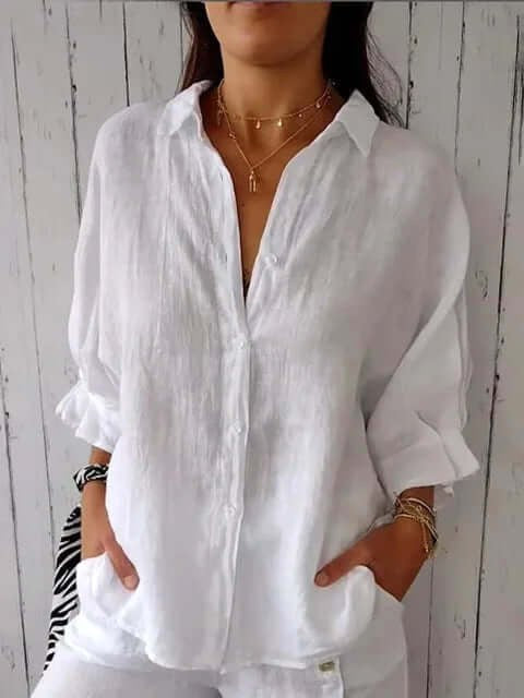 Brielle | Women's Linen Long Sleeve Blouse, Lightweight Summer Top for Holidays and Casual Wear, Lightweight Summer Top for Holidays and Casual Wear - Wit
