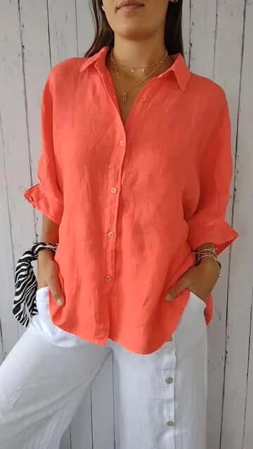 Brielle | Women's Linen Long Sleeve Blouse, Lightweight Summer Top for Holidays and Casual Wear, Lightweight Summer Top for Holidays and Casual Wear - Oranje