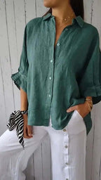 Brielle | Women's Linen Long Sleeve Blouse, Lightweight Summer Top for Holidays and Casual Wear, Lightweight Summer Top for Holidays and Casual Wear - Malachietgroen