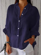 Brielle | Women's Linen Long Sleeve Blouse, Lightweight Summer Top for Holidays and Casual Wear, Lightweight Summer Top for Holidays and Casual Wear - Marineblauw