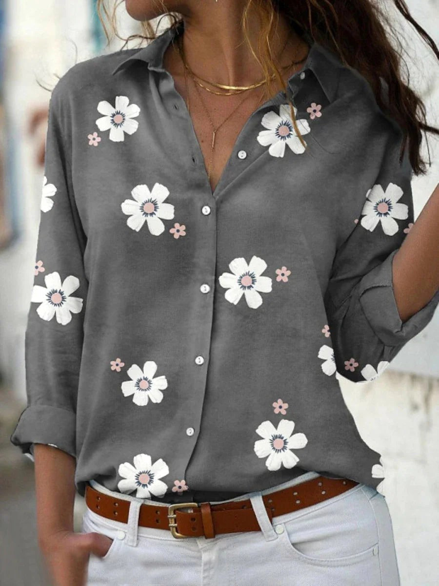 Brittany | Women's Floral Print Blouse, Lightweight Summer Top for Holidays and Casual Wear, Lightweight Summer Top for Holidays and Casual Wear - Grey