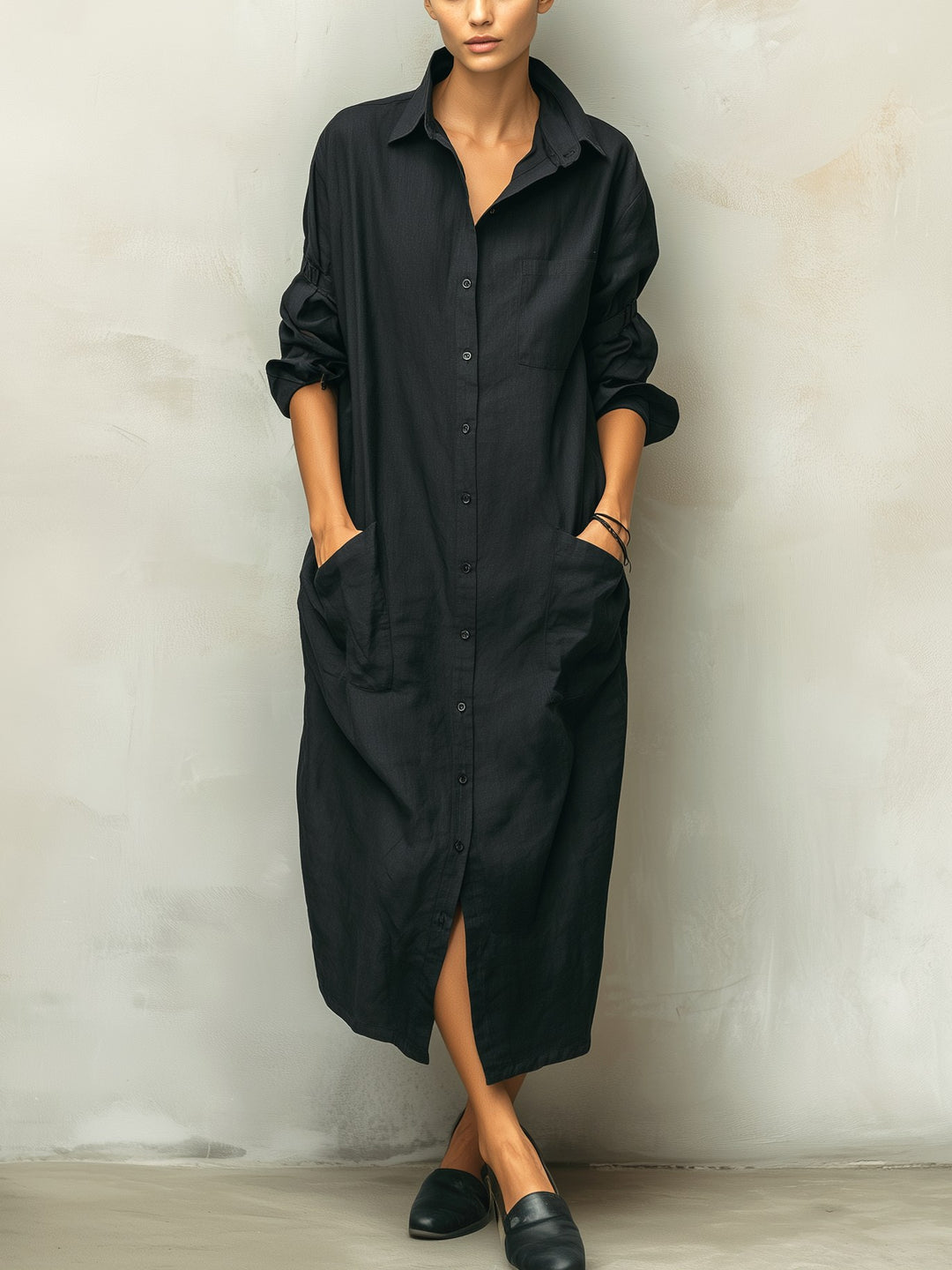 Brooke | Women's Black Cotton Linen Long Sleeve Shirt Dress - Black