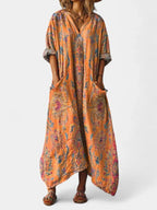 Brooke | Women's Cotton Boho Print Maxi Dress, Lightweight Summer Dress for Holidays and Resort Wear, Lightweight Summer Dress for Holidays and Resort Wear - Orange