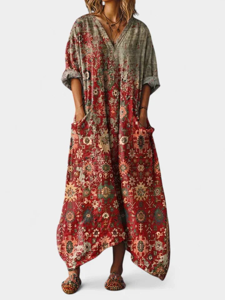 Brooke | Women's Cotton Boho Print Maxi Dress, Lightweight Summer Dress for Holidays and Resort Wear, Lightweight Summer Dress for Holidays and Resort Wear - Red