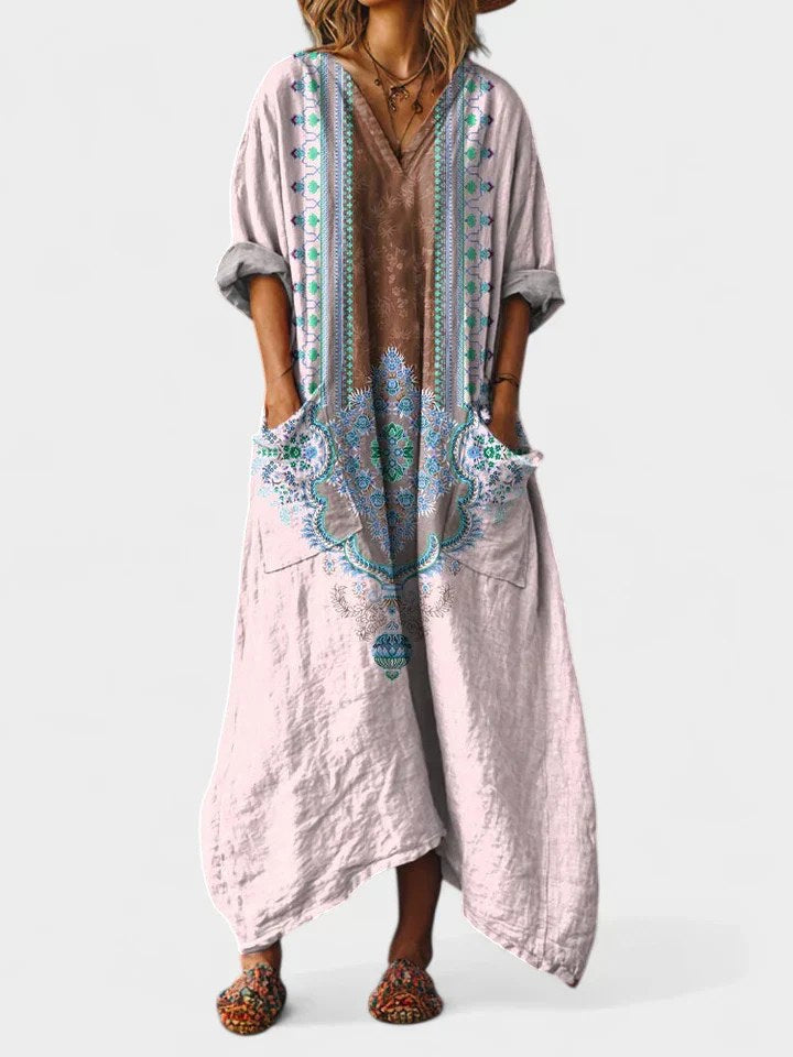 Brooke | Women's Cotton Boho Print Maxi Dress, Lightweight Summer Dress for Holidays and Resort Wear, Lightweight Summer Dress for Holidays and Resort Wear - Light Pink
