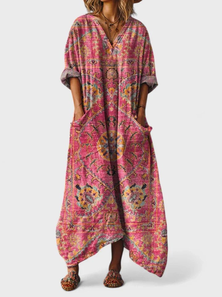 Brooke | Women's Cotton Boho Print Maxi Dress, Lightweight Summer Dress for Holidays and Resort Wear, Lightweight Summer Dress for Holidays and Resort Wear - Dark Pink