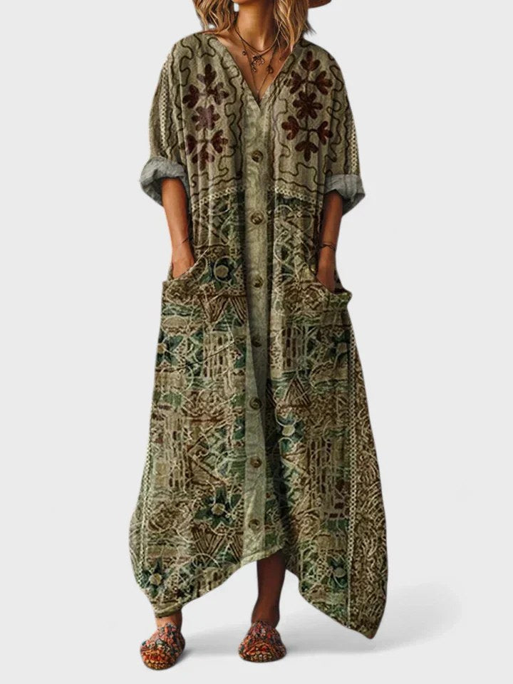Brooke | Women's Cotton Boho Print Maxi Dress, Lightweight Summer Dress for Holidays and Resort Wear, Lightweight Summer Dress for Holidays and Resort Wear - Olive Green