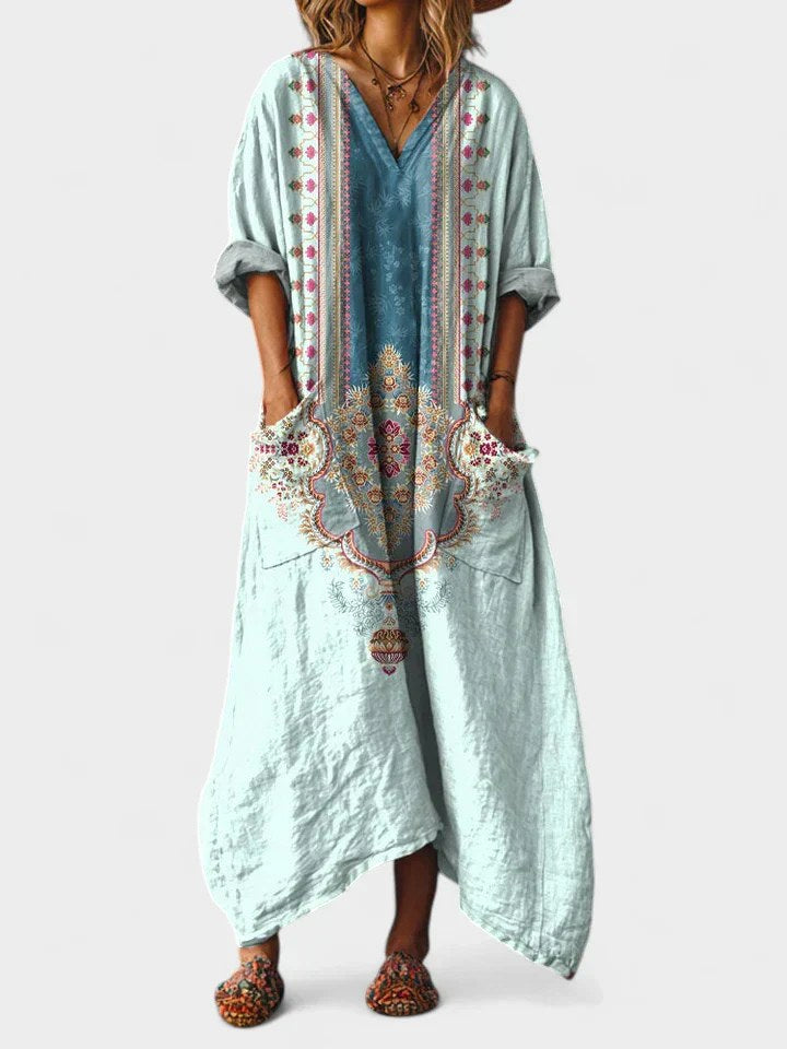 Brooke | Women's Cotton Boho Print Maxi Dress, Lightweight Summer Dress for Holidays and Resort Wear, Lightweight Summer Dress for Holidays and Resort Wear - Powder Blue