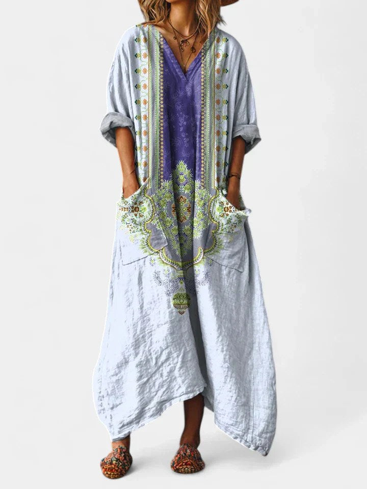 Brooke | Women's Cotton Boho Print Maxi Dress, Lightweight Summer Dress for Holidays and Resort Wear, Lightweight Summer Dress for Holidays and Resort Wear - Light Blue