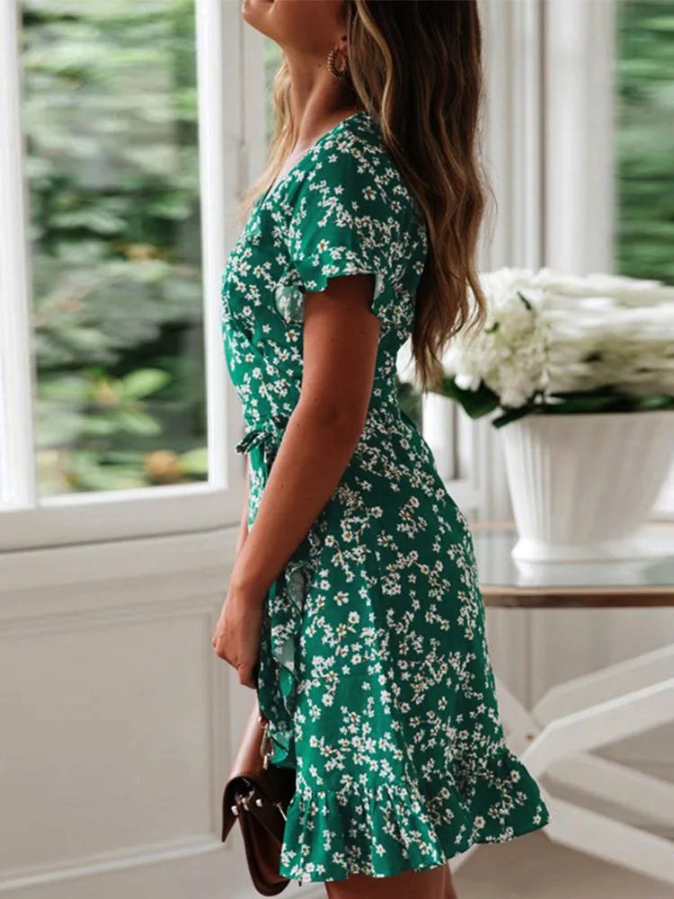 Brooke | Women's Floral Wrap Mini Dress - Navy Blue