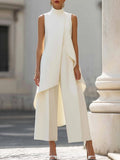 Brooke | Women's High-Neck Asymmetric Top Two-Piece Set, Wide-Leg Trouser Suit | The Shrader Sisters | Blanco