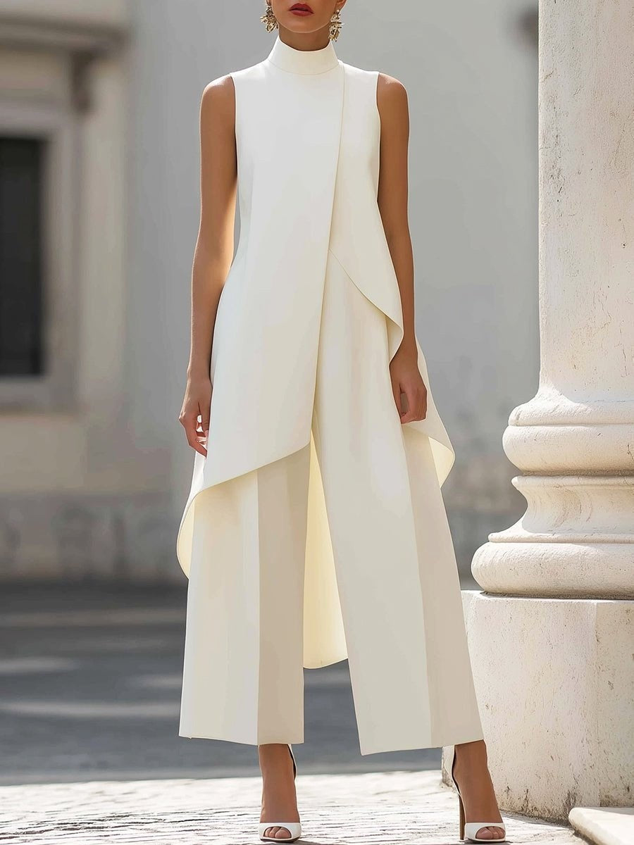 Brooke | Women's High-Neck Asymmetric Top Two-Piece Set, Wide-Leg Trouser Suit | The Shrader Sisters | Blanco