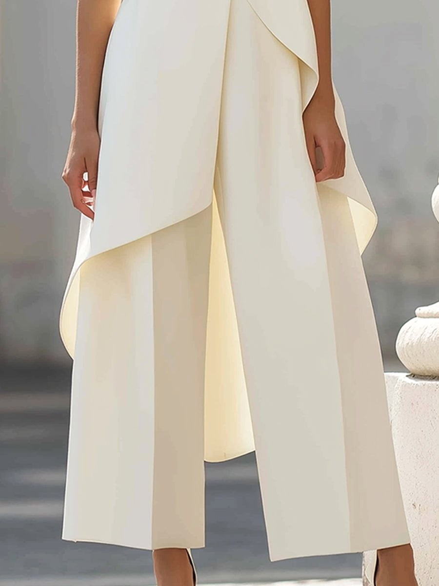 Brooke | Women's High-Neck Asymmetric Top Two-Piece Set, Wide-Leg Trouser Suit | The Shrader Sisters | Azul Cielo