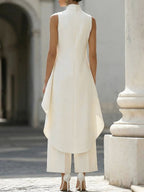 Brooke | Women's High-Neck Asymmetric Top Two-Piece Set, Wide-Leg Trouser Suit | The Shrader Sisters | Azul Marino