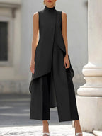 Brooke | Women's High-Neck Asymmetric Top Two-Piece Set, Wide-Leg Trouser Suit | The Shrader Sisters | Rosa