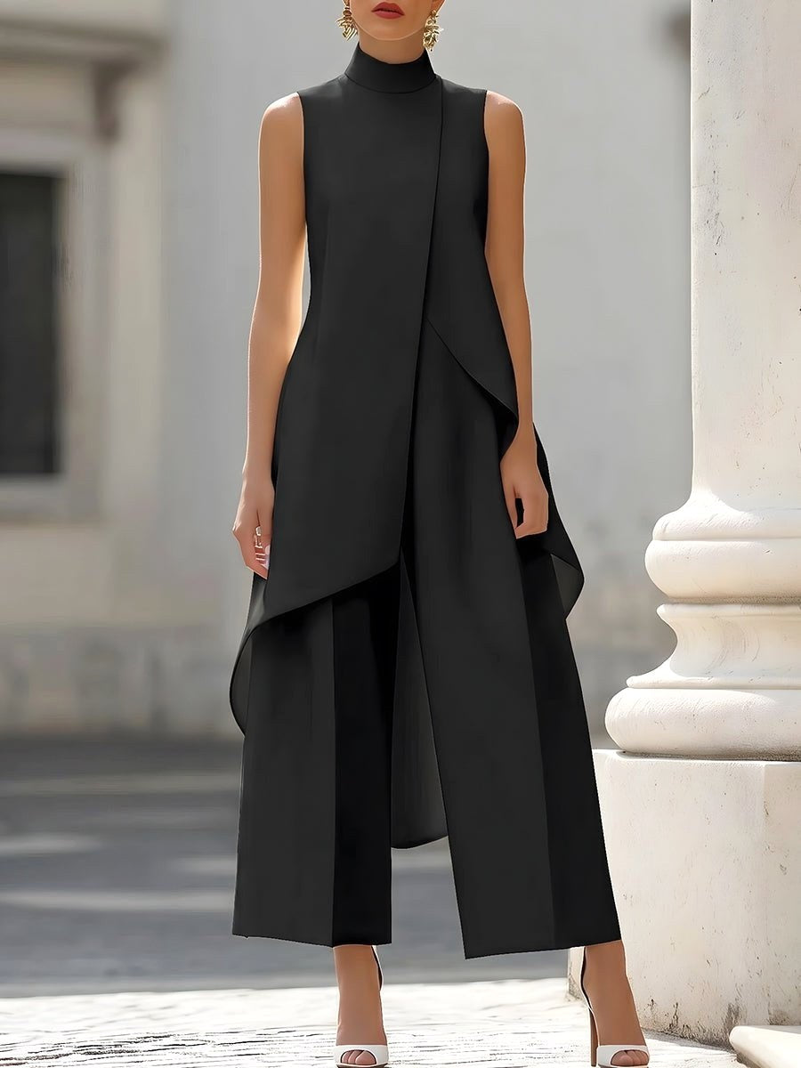 Brooke | Women's High-Neck Asymmetric Top Two-Piece Set, Wide-Leg Trouser Suit | The Shrader Sisters | Rosa