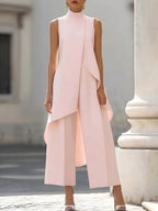 Brooke | Women's High-Neck Asymmetric Top Two-Piece Set, Wide-Leg Trouser Suit | The Shrader Sisters | Verde Daiquiri