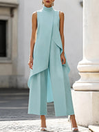Brooke | Women's High-Neck Asymmetric Top Two-Piece Set, Wide-Leg Trouser Suit | The Shrader Sisters